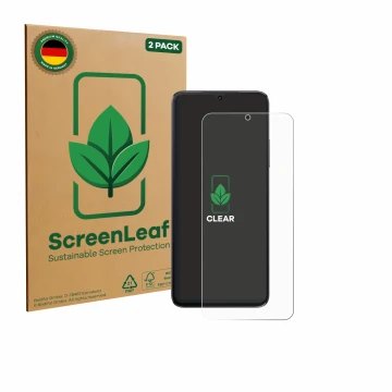 Parte frontal de un envase de producto con el logotipo de la marca ScreenLeaf. Al lado se muestra el dispositivo Cubot A40 con