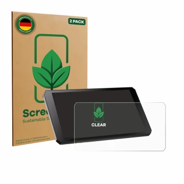 Parte frontal de un envase de producto con el logotipo de la marca ScreenLeaf. Al lado se muestra el dispositivo RiderNav R7M 