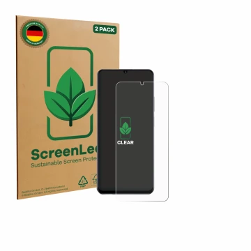 Parte frontal de un envase de producto con el logotipo de la marca ScreenLeaf. Al lado se muestra el dispositivo realme Note 7