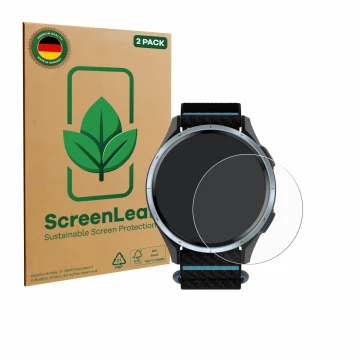 Parte frontal de un envase de producto con el logotipo de la marca ScreenLeaf. Al lado se muestra el dispositivo Garmin Approa