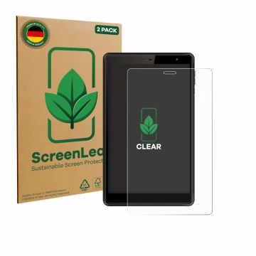 Parte frontal de un envase de producto con el logotipo de la marca ScreenLeaf. Al lado se muestra el dispositivo Logicom Tab 8