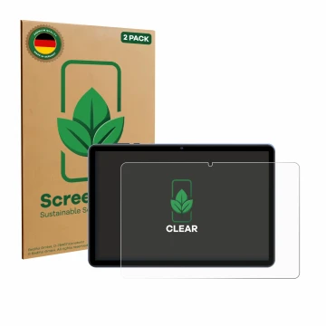 Parte frontal de un envase de producto con el logotipo de la marca ScreenLeaf. Al lado se muestra el dispositivo WOREGOO M283-