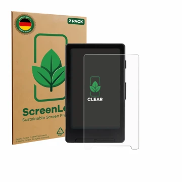 Parte frontal de un envase de producto con el logotipo de la marca ScreenLeaf. Al lado se muestra el dispositivo Xteink X4 con