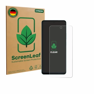 Parte frontal de un envase de producto con el logotipo de la marca ScreenLeaf. Al lado se muestra el dispositivo Oppo A5 4G co