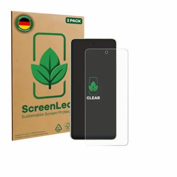 Parte frontal de un envase de producto con el logotipo de la marca ScreenLeaf. Al lado se muestra el dispositivo Oppo A5 Energ