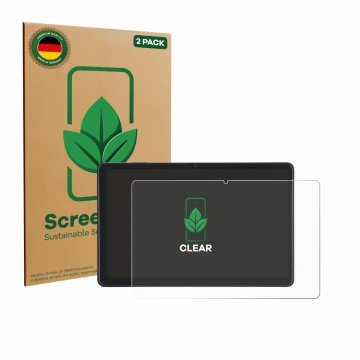 Parte frontal de un envase de producto con el logotipo de la marca ScreenLeaf. Al lado se muestra el dispositivo Acepad A171 1
