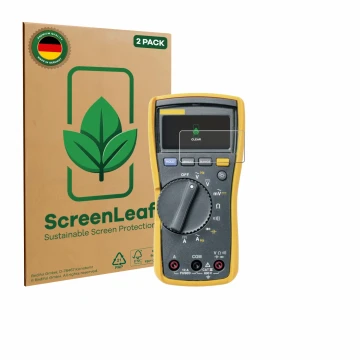 Parte frontal de un envase de producto con el logotipo de la marca ScreenLeaf. Al lado se muestra el dispositivo Fluke 115 con