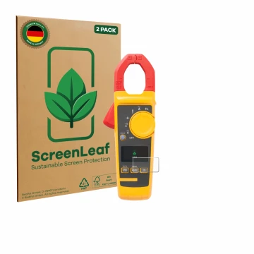 Parte frontal de un envase de producto con el logotipo de la marca ScreenLeaf. Al lado se muestra el dispositivo Fluke 325 con