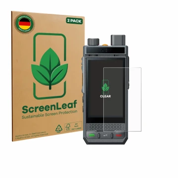 Parte frontal de un envase de producto con el logotipo de la marca ScreenLeaf. Al lado se muestra el dispositivo Hytera P60 co