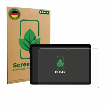Parte frontal de un envase de producto con el logotipo de la marca ScreenLeaf. Al lado se muestra el dispositivo Doogee Tab G5