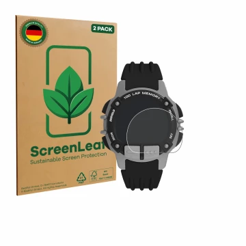 Parte frontal de un envase de producto con el logotipo de la marca ScreenLeaf. Al lado se muestra el dispositivo Timex Ironman