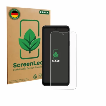 Parte frontal de un envase de producto con el logotipo de la marca ScreenLeaf. Al lado se muestra el dispositivo Sunmi M3 con 