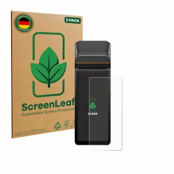 Parte frontal de un envase de producto con el logotipo de la marca ScreenLeaf. Al lado se muestra el dispositivo Sunmi V3 A13 