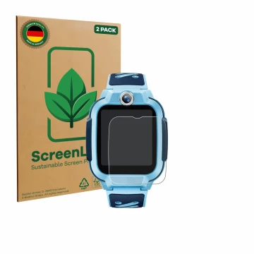 Parte frontal de un envase de producto con el logotipo de la marca ScreenLeaf. Al lado se muestra el dispositivo Imoo Watch Ph