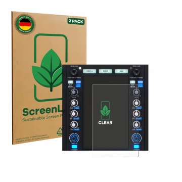 Parte frontal de un envase de producto con el logotipo de la marca ScreenLeaf. Al lado se muestra el dispositivo Rane System O