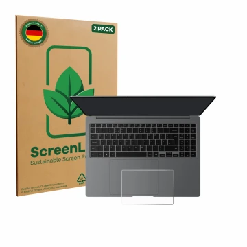 Parte frontal de un envase de producto con el logotipo de la marca ScreenLeaf. Al lado se muestra el dispositivo Samsung Galax