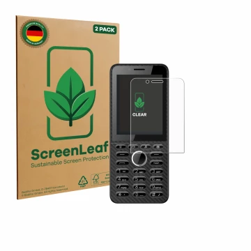 Parte frontal de un envase de producto con el logotipo de la marca ScreenLeaf. Al lado se muestra el dispositivo Energizer E28