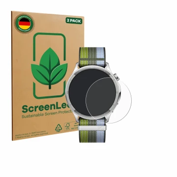 Parte frontal de un envase de producto con el logotipo de la marca ScreenLeaf. Al lado se muestra el dispositivo Oppo Watch S 