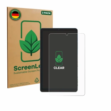 Parte frontal de un envase de producto con el logotipo de la marca ScreenLeaf. Al lado se muestra el dispositivo Chuwi AuPad M