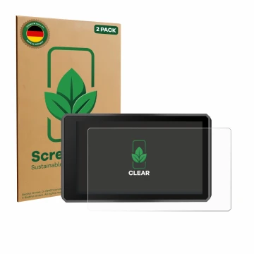 Parte frontal de un envase de producto con el logotipo de la marca ScreenLeaf. Al lado se muestra el dispositivo Garmin zumo X