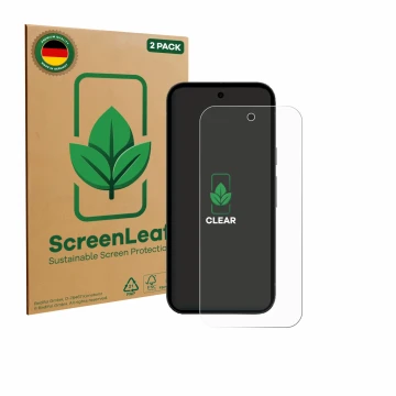Parte frontal de un envase de producto con el logotipo de la marca ScreenLeaf. Al lado se muestra el dispositivo Google Pixel 
