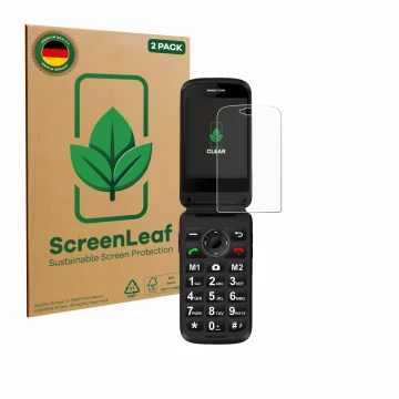 Parte frontal de un envase de producto con el logotipo de la marca ScreenLeaf. Al lado se muestra el dispositivo Simvalley Mob