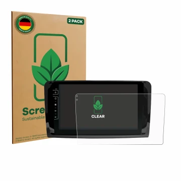 Parte frontal de un envase de producto con el logotipo de la marca ScreenLeaf. Al lado se muestra el dispositivo Dynavin D9-DF