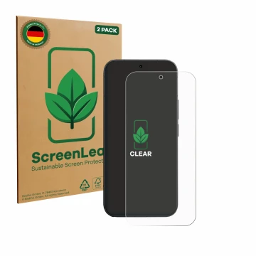 Parte frontal de un envase de producto con el logotipo de la marca ScreenLeaf. Al lado se muestra el dispositivo Vivo V70 con 
