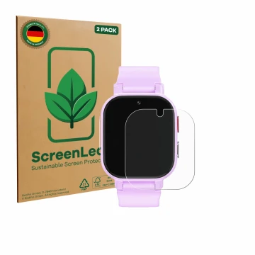 Parte frontal de un envase de producto con el logotipo de la marca ScreenLeaf. Al lado se muestra el dispositivo Alutoria Kids