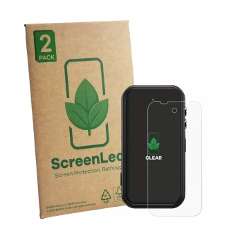 Parte frontal de un envase de producto con el logotipo de la marca ScreenLeaf. Al lado se muestra el dispositivo Fossibot F116