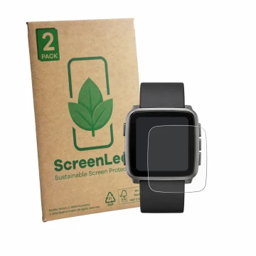 Parte frontal de un envase de producto con el logotipo de la marca ScreenLeaf. Al lado se muestra el dispositivo Pebble Time 2