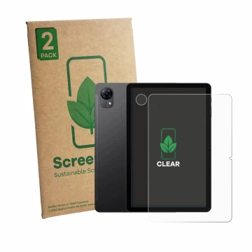 Parte frontal de un envase de producto con el logotipo de la marca ScreenLeaf. Al lado se muestra el dispositivo Doogee Tab G5