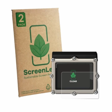 Parte frontal de un envase de producto con el logotipo de la marca ScreenLeaf. Al lado se muestra el dispositivo Shearwater Pe