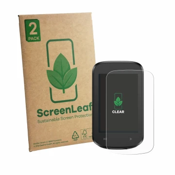 Parte frontal de un envase de producto con el logotipo de la marca ScreenLeaf. Al lado se muestra el dispositivo igpsport BSC1