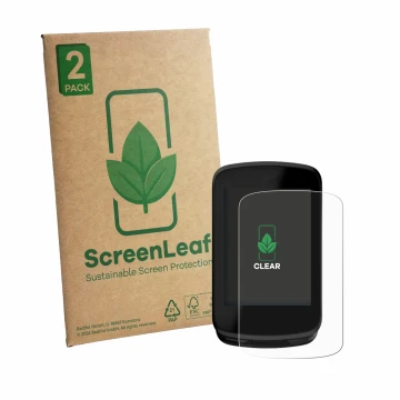 Parte frontal de un envase de producto con el logotipo de la marca ScreenLeaf. Al lado se muestra el dispositivo Magene C606 V
