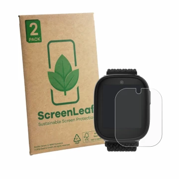 Parte frontal de un envase de producto con el logotipo de la marca ScreenLeaf. Al lado se muestra el dispositivo Xplora X6 Pla