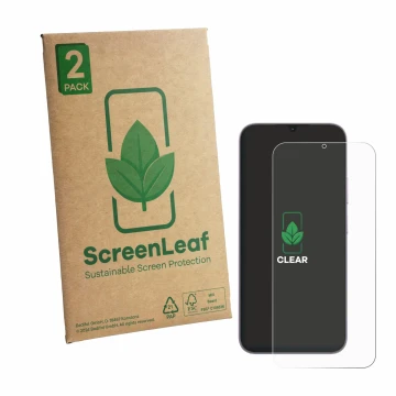 Parte frontal de un envase de producto con el logotipo de la marca ScreenLeaf. Al lado se muestra el dispositivo realme C100i 