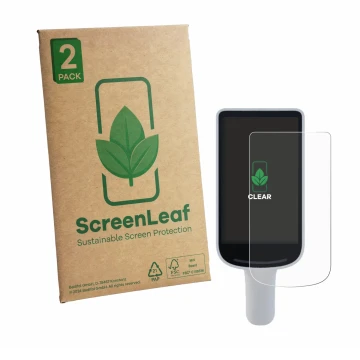 Parte frontal de un envase de producto con el logotipo de la marca ScreenLeaf. Al lado se muestra el dispositivo Datalogic Joy