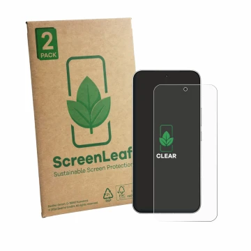 Parte frontal de un envase de producto con el logotipo de la marca ScreenLeaf. Al lado se muestra el dispositivo Xiaomi Redmi 
