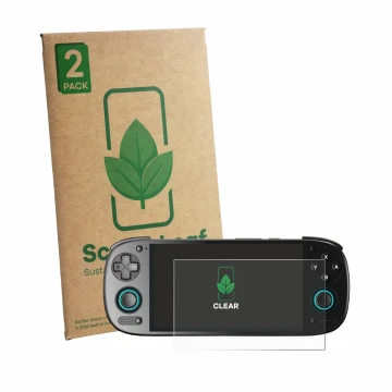 Parte frontal de un envase de producto con el logotipo de la marca ScreenLeaf. Al lado se muestra el dispositivo Retroid Pocke