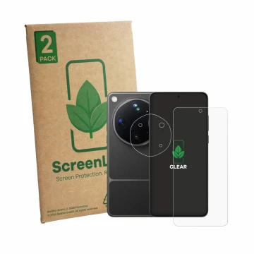 Parte frontal de un envase de producto con el logotipo de la marca ScreenLeaf. Al lado se muestra el dispositivo Oppo Find X9 