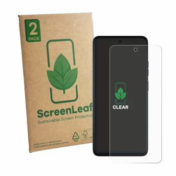 Parte frontal de un envase de producto con el logotipo de la marca ScreenLeaf. Al lado se muestra el dispositivo Motorola Moto