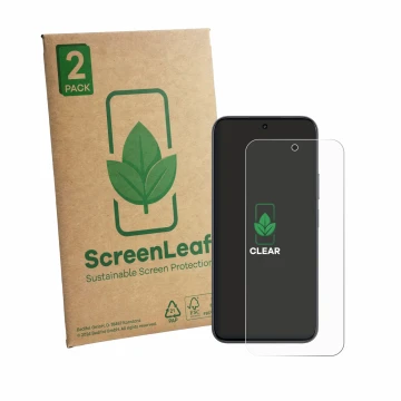 Parte frontal de un envase de producto con el logotipo de la marca ScreenLeaf. Al lado se muestra el dispositivo realme 16T 5G