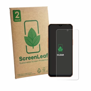 Parte frontal de un envase de producto con el logotipo de la marca ScreenLeaf. Al lado se muestra el dispositivo Oscal Flat 3C