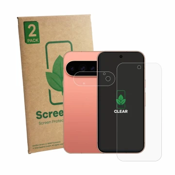 Parte frontal de un envase de producto con el logotipo de la marca ScreenLeaf. Al lado se muestra el dispositivo Google Pixel 