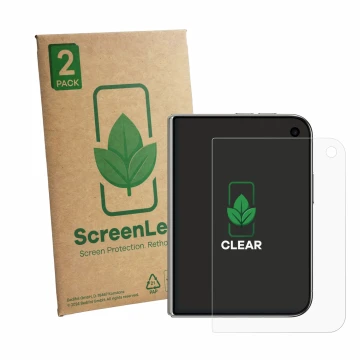 Parte frontal de un envase de producto con el logotipo de la marca ScreenLeaf. Al lado se muestra el dispositivo Apple iPhone 