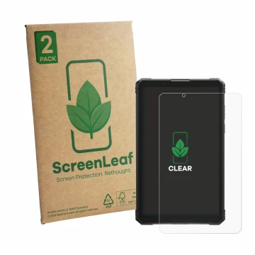 Parte frontal de un envase de producto con el logotipo de la marca ScreenLeaf. Al lado se muestra el dispositivo Hotwav R11 Pr