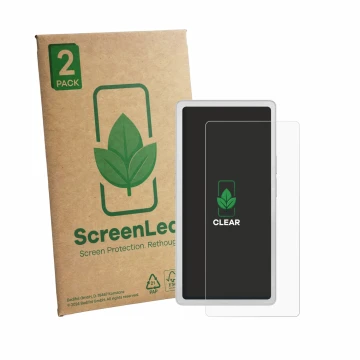Parte frontal de un envase de producto con el logotipo de la marca ScreenLeaf. Al lado se muestra el dispositivo PocketBook Q 