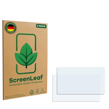 Parte frontal de un envase de producto con el logotipo de la marca ScreenLeaf. Al lado está el protector de pantalla correspon