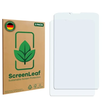 Parte frontal de un envase de producto con el logotipo de la marca ScreenLeaf. Al lado está el protector de pantalla correspon